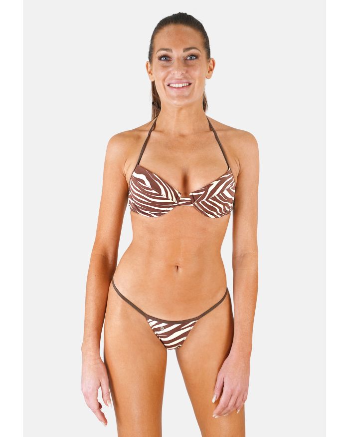 Maillot de bain tanga string bikini brésilien zébré marron Baléares